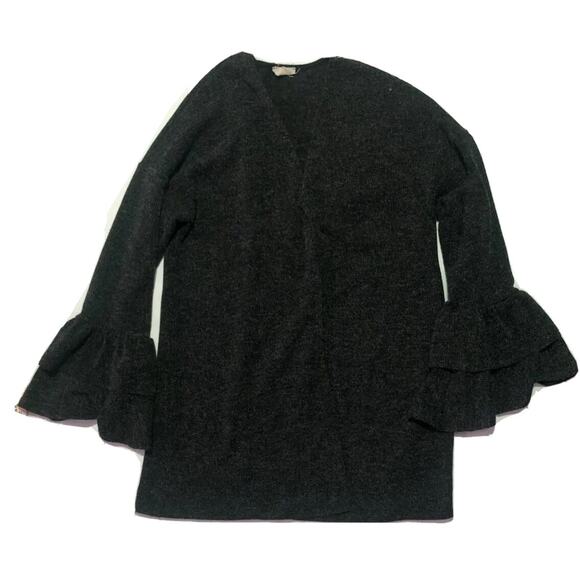 143 Story Dark Gray Boho Knit Cardigan w/ Long Sleeve & Ruffles Size Medium - Picture 1 of 9